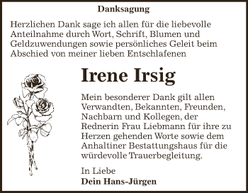 Traueranzeige von Irene Irsig von WVG - Wochenspiegel Dessau / Köthen