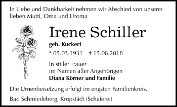 Traueranzeige von Irene Schiller von Mitteldeutsche Zeitung