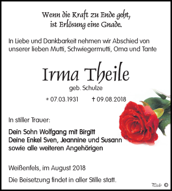 Traueranzeige von Irma Theile von Mitteldeutsche Zeitung Weißenfels