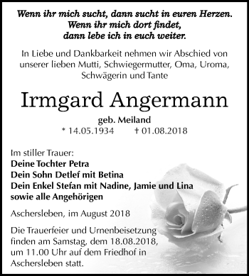 Traueranzeige von Irmgard Angermann von Mitteldeutsche Zeitung Aschersleben