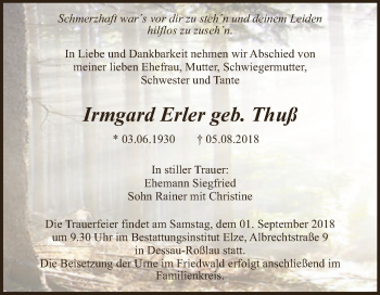 Traueranzeige von Irmgard Erler von WVG - Wochenspiegel Dessau / Köthen