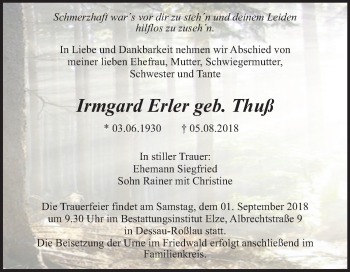 Traueranzeige von Irmgard Erler von Mitteldeutsche Zeitung Dessau-Roßlau