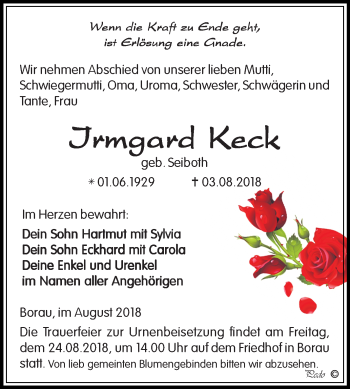 Traueranzeige von Irmgard Keck von Mitteldeutsche Zeitung Weißenfels