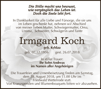 Traueranzeige von Irmgard Koch von Super Sonntag SGH Mansf. Land