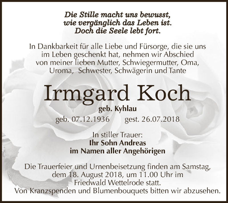  Traueranzeige für Irmgard Koch vom 04.08.2018 aus Super Sonntag SGH Mansf. Land