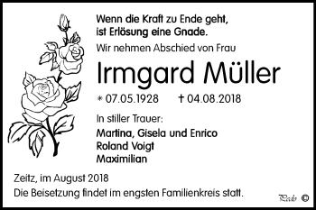 Traueranzeige von Irmgard Müller von Mitteldeutsche Zeitung Zeitz