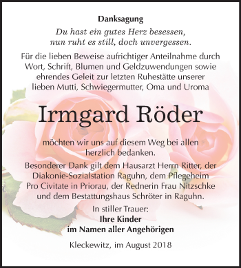 Traueranzeige von Irmgard Röder von Mitteldeutsche Zeitung Bitterfeld