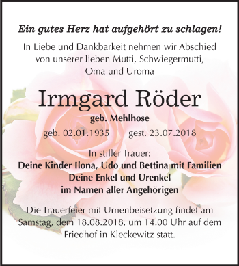 Traueranzeige von Irmgard Röder von Mitteldeutsche Zeitung Bitterfeld
