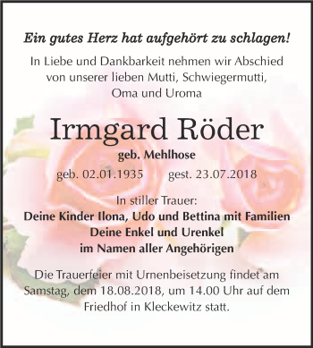 Traueranzeige von Irmgard Röder von WVG - Wochenspiegel Bitterfeld