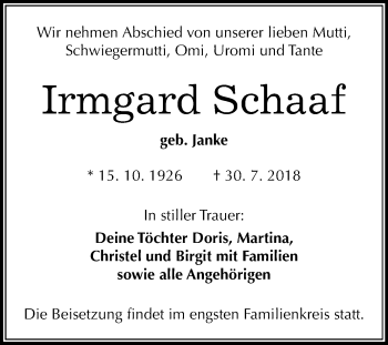 Traueranzeige von Irmgard Schaaf von Mitteldeutsche Zeitung Halle/Saalkreis