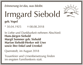 Traueranzeige von Irmgard Siebold von Wochenspiegel Mansfelder Land