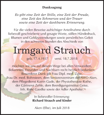 Traueranzeige von Irmgard Strauch von Mitteldeutsche Zeitung Köthen