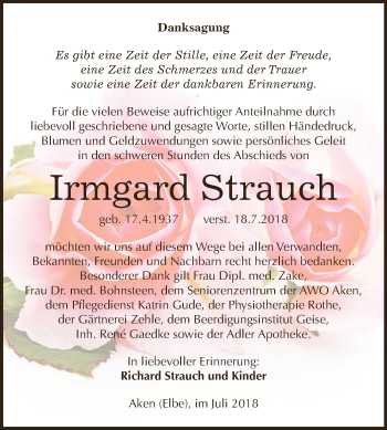 Traueranzeige von Irmgard Strauch von WVG - Wochenspiegel Dessau / Köthen