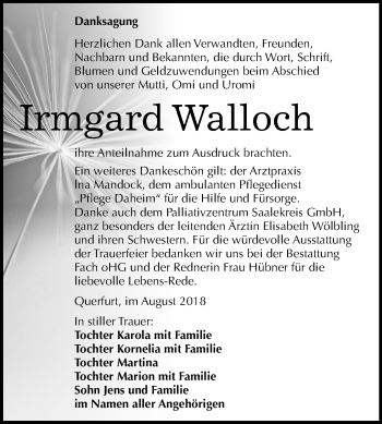 Traueranzeige von Irmgard Walloch von Mitteldeutsche Zeitung Merseburg/Querfurt