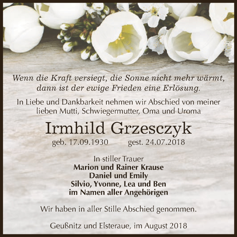  Traueranzeige für Irmhild Grzesczyk vom 11.08.2018 aus Super Sonntag Zeitz