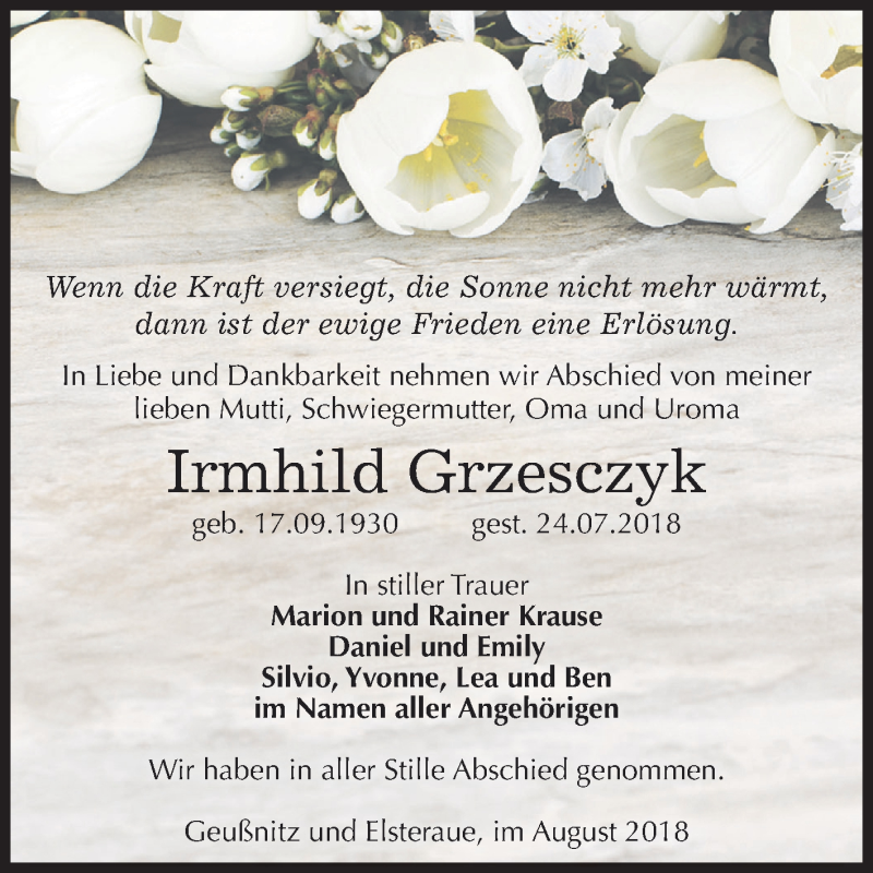  Traueranzeige für Irmhild Grzesczyk vom 11.08.2018 aus Mitteldeutsche Zeitung Zeitz