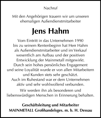 Traueranzeige von Jens Hahm von Mitteldeutsche Zeitung Dessau-Roßlau