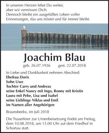 Traueranzeige von Joachim Blau von Mitteldeutsche Zeitung Merseburg/Querfurt
