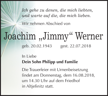 Traueranzeige von Joachim Werner von Mitteldeutsche Zeitung Bitterfeld