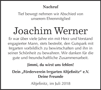 Traueranzeige von Joachim Werner von WVG - Wochenspiegel Bitterfeld
