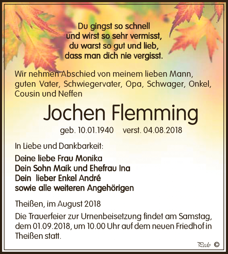  Traueranzeige für Jochen Flemming vom 11.08.2018 aus Super Sonntag Zeitz