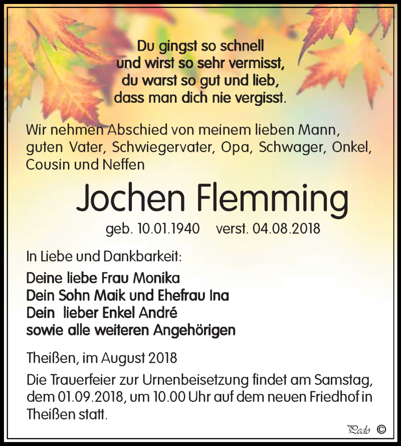  Traueranzeige für Jochen Flemming vom 11.08.2018 aus Mitteldeutsche Zeitung Zeitz