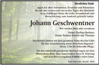 Traueranzeige von Johann Geschwentner von WVG - Wochenspiegel Quedlinburg