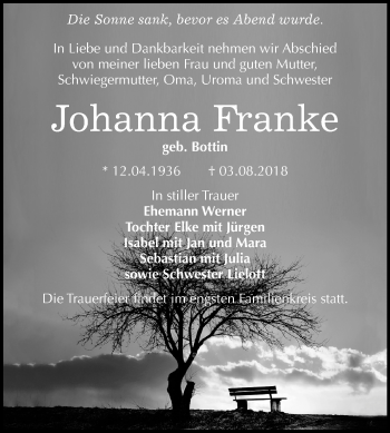 Traueranzeige von Johanna Franke von Mitteldeutsche Zeitung Halle/Saalkreis