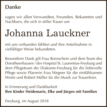 Traueranzeige von Johanna Lauckner von WVG - Wochenspiegel NMB / WSF / ZTZ