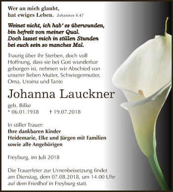 Traueranzeige von Johanna Lauckner von WVG - Wochenspiegel NMB / WSF / ZTZ