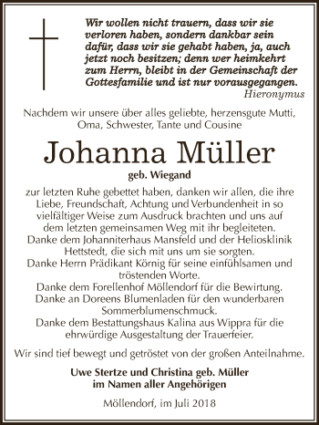 Traueranzeige von Johanna Müller von Super Sonntag SGH Mansf. Land