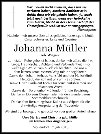 Traueranzeige von Johanna Müller von Mitteldeutsche Zeitung
