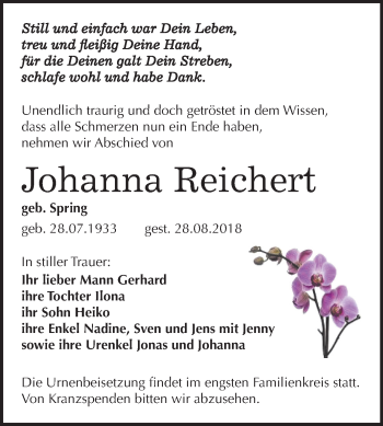 Traueranzeige von Johanna Reichert von Mitteldeutsche Zeitung