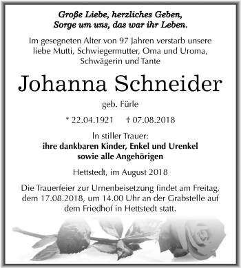 Traueranzeige von Johanna Schneider von Mitteldeutsche Zeitung