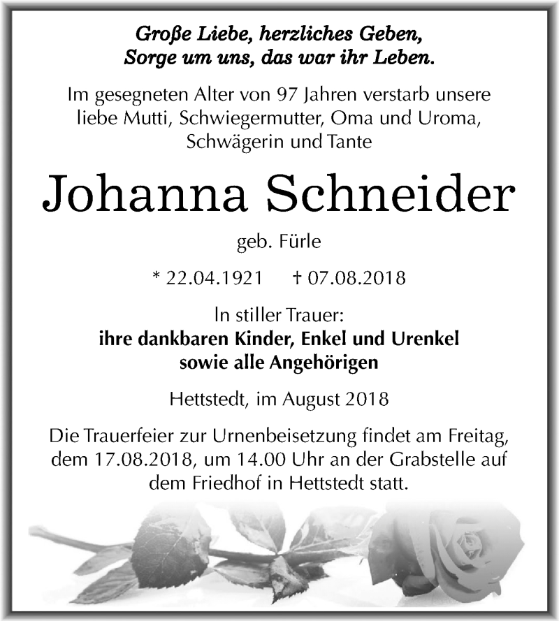  Traueranzeige für Johanna Schneider vom 11.08.2018 aus Mitteldeutsche Zeitung