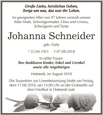 Traueranzeige von Johanna Schneider von Wochenspiegel Mansfelder Land