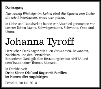 Traueranzeige von Johanna Tyroff von Mitteldeutsche Zeitung Weißenfels