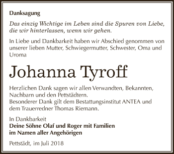 Traueranzeige von Johanna Tyroff von WVG - Wochenspiegel NMB / WSF / ZTZ
