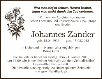 Traueranzeige von Johannes Zander von WVG - Wochenspiegel Dessau / Köthen