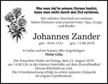Traueranzeige von Johannes Zander von Mitteldeutsche Zeitung Dessau-Roßlau