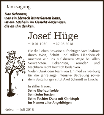 Traueranzeige von Josef Hüge von WVG - Wochenspiegel NMB / WSF / ZTZ