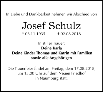 Traueranzeige von Josef Schulz von Mitteldeutsche Zeitung