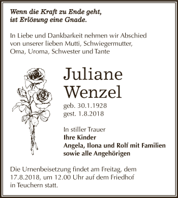 Traueranzeige von Juliane Wenzel von WVG - Wochenspiegel NMB / WSF / ZTZ