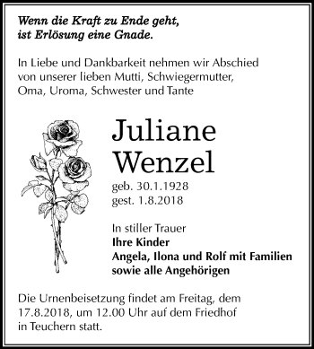 Traueranzeige von Juliane Wenzel von Mitteldeutsche Zeitung Weißenfels