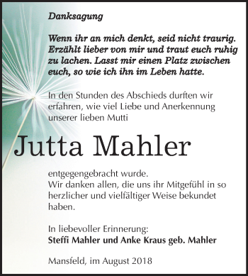 Traueranzeige von Jutta Mahler von Mitteldeutsche Zeitung