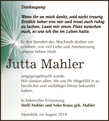 Traueranzeige von Jutta Mahler von Super Sonntag SGH Mansf. Land