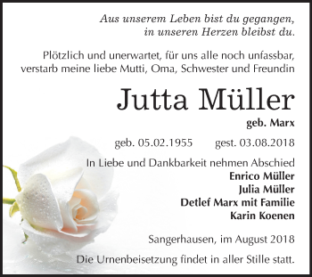 Traueranzeige von Jutta Müller von Mitteldeutsche Zeitung