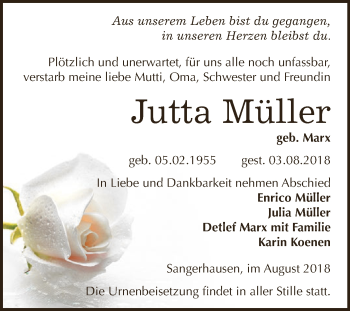 Traueranzeige von Jutta Müller von Super Sonntag SGH Mansf. Land
