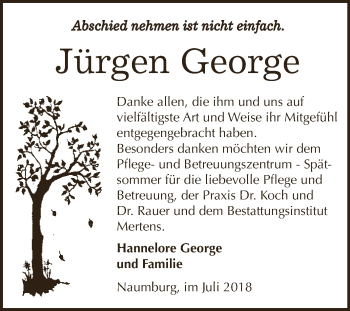 Traueranzeige von Jürgen George von WVG - Wochenspiegel NMB / WSF / ZTZ