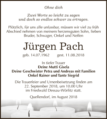 Traueranzeige von Jürgen Pach von WVG - Wochenspiegel Dessau / Köthen
